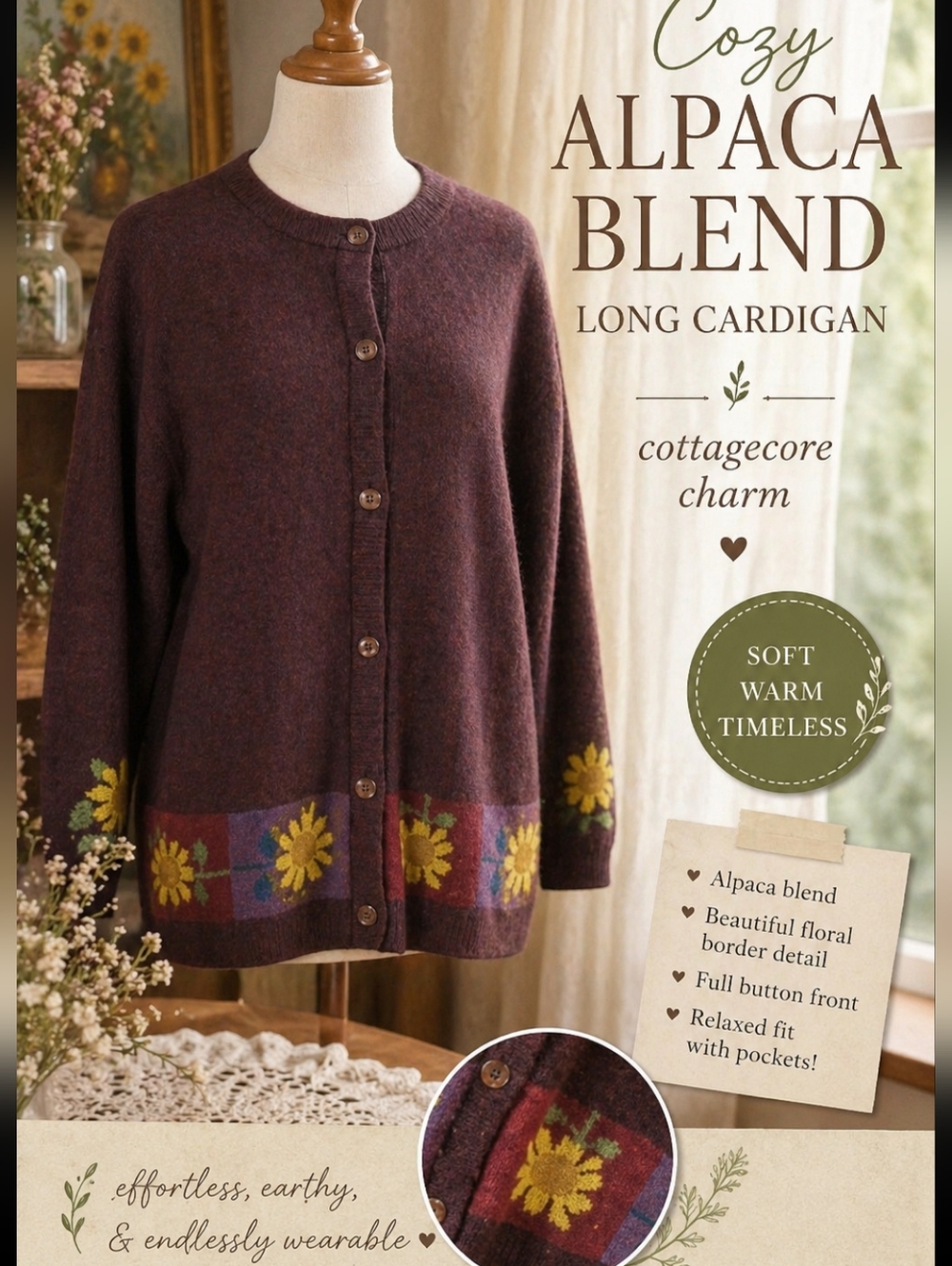 Vtg alpaca Cardigan Daisy flower border Cottagecore merlot Brown  sweater Sz M